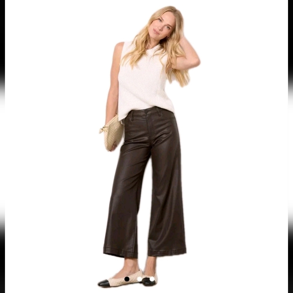 KUT Women High Rise Meg Fab AB Wide Leg Coated Cropped Jeans Pants Brown Sz 12